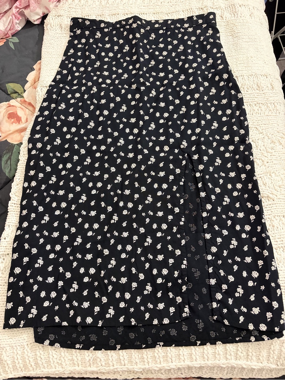 Hollister Black Midi Skirt with White Floral Print